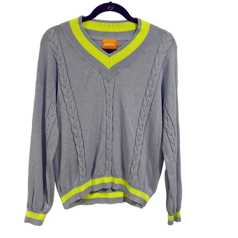 WISPR by Brodie Cashmere Light Blue Neon Green V-Neck Cableknit Sweater Med